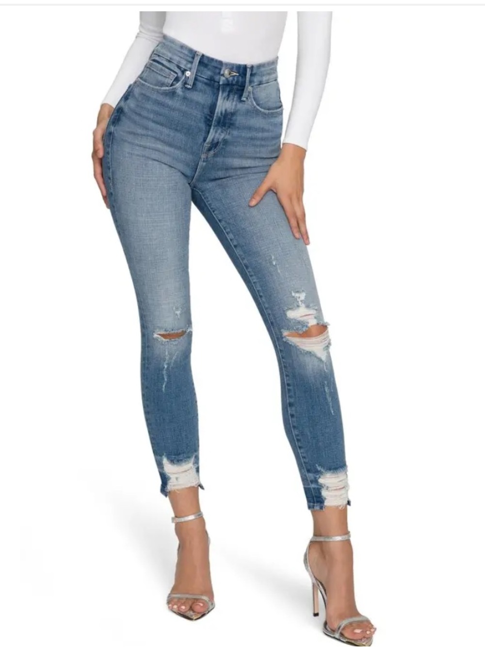 Good American High-Rise Distressed Skinny Blue 16 raw hem ankle stretch jeans